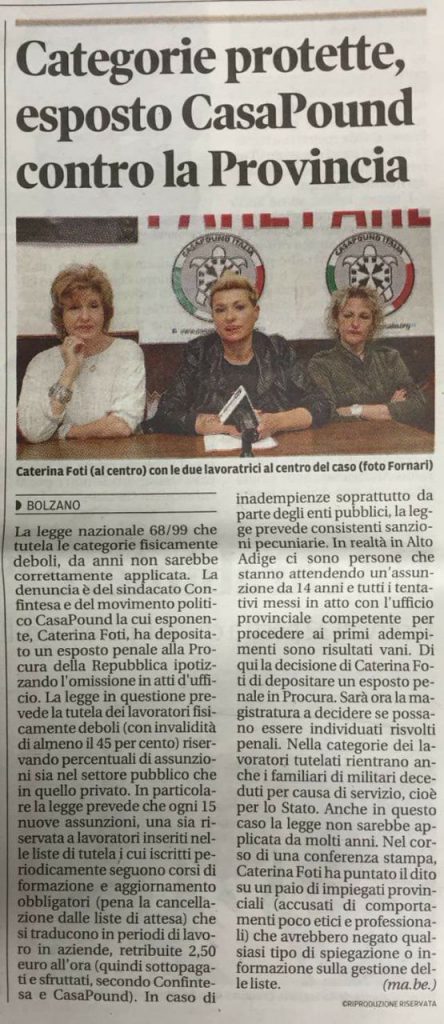 Conferenza Stampa Confintesa Alto Adige: Legge 68/99 sulle assunzioni delle categorie protette.